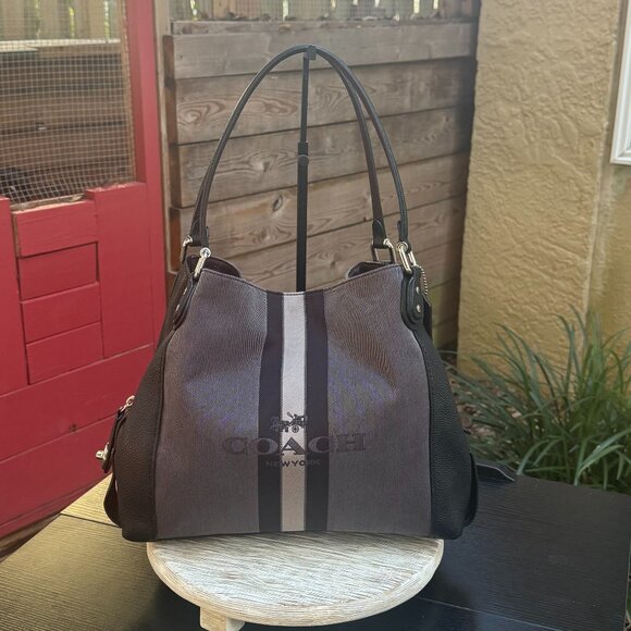 COACH EDIE 31 HORSE AND CARRIAGE JACQUARD CANVAS LEATHER SHOULDER BAG BLACK GREY - Picture 1 of 15